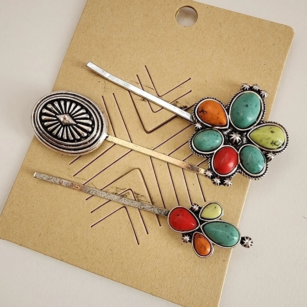 3PCS Boho Floral Mutli Stone Antique Metal Bobby Hair Pins